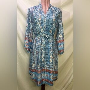 Blue Boho Dress Paisley Orange Blouson Casual Long Sleeves Belted Sz Medium